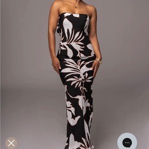 Strapless black and white evening dress.